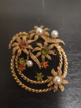 Vintage Gold-Tone Floral Pearl & Glass Brooch (Green and Orange Accents)
